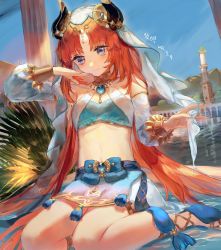 Rule 34 | 1girl, blue bow, blue eyes, blush, bow, breasts, brooch, closed mouth, crop top, detached sleeves, forehead jewel, genshin impact, gladiator sandals, gold footwear, gold trim, highres, holding, horns, jewelry, ling mou, long hair, long sleeves, looking down, low twintails, neck ring, nilou (genshin impact), outdoors, parted bangs, red hair, sandals, sitting, skirt, small breasts, smile, solo, stomach, thighs, twintails, vambraces, veil, vision (genshin impact), water