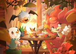 Rule 34 | cake, cookie, creatures (company), cup, eating, fern, food, game freak, gen 5 pokemon, highres, holding, holding cup, indoors, looking at viewer, micro bihon, nintendo, no humans, open mouth, oshawott, pokemon, pokemon (creature), simisear, sunset, table, teacup, window, woobat