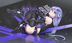 Rule 34 | 1girl, absurdres, armpits, ass, bare shoulders, black footwear, black gloves, black leotard, black thighhighs, blue eyes, boots, covered navel, elbow gloves, electricity, english text, from above, fu hua, fu hua (shadow knight), full body, gloves, hair between eyes, highres, honkai (series), honkai impact 3rd, knee boots, legs up, leotard, long hair, looking at viewer, looking to the side, low ponytail, lying, on back, parted lips, purple hair, reflective floor, smile, solo, thighhighs, wucanming