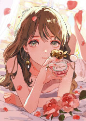 Rule 34 | 1girl, absurdres, artbook, backlighting, bare arms, bare shoulders, barefoot, bottle, brown hair, buchi (qooo003), closed mouth, collarbone, curtains, dress, flower, green eyes, hand up, highres, holding, legs up, long hair, looking at viewer, lying, non-web source, on stomach, original, perfume bottle, petals, pink flower, scan, sleeveless, sleeveless dress, soles, solo, white dress, window