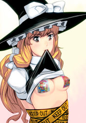 Rule 34 | 1girl, arms behind back, bad id, bad pixiv id, bdsm, blonde hair, bondage, bound, bow, breasts, brown eyes, caution tape, clothes lift, female focus, hair bow, hat, keep out, kirisame marisa, kouno (masao), long hair, mouth hold, pasties, shirt lift, solo, touhou, upper body, witch hat