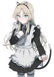 Rule 34 | absurdres, an-94 (girls&#039; frontline), animal ear legwear, animal ears, apron, bad id, bad pixiv id, black dress, black ribbon, blonde hair, blue eyes, cat ears, cat tail, clothes pull, dress, dress pull, fake animal ears, fake tail, frilled apron, frills, fuku00, girls&#039; frontline, hair ribbon, highres, holding, holding tray, long hair, long sleeves, looking at viewer, maid, maid apron, neck ribbon, pantyhose, parted bangs, pleated dress, puffy sleeves, ribbon, sidelocks, simple background, smile, tail, tray, white background, white pantyhose, white ribbon