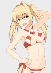Rule 34 | 1girl, :d, arm behind head, arm up, armpits, bare arms, bare shoulders, bikini, blonde hair, blush, breasts, cleavage, collarbone, cowboy shot, criss-cross halter, earrings, fate/grand order, fate (series), green eyes, grey background, groin, gudou (gdo 514), hair between eyes, hair intakes, halterneck, hand on own hip, head tilt, highres, jewelry, long hair, looking at viewer, medium breasts, mole, mole on breast, navel, nero claudius (fate), nero claudius (fate) (all), nero claudius (swimsuit caster) (fate), open mouth, red bikini, side-tie bikini bottom, sidelocks, simple background, smile, solo, standing, stomach, striped bikini, striped clothes, swimsuit, twintails, v-shaped eyebrows