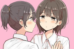 Rule 34 | 2girls, absurdres, betock, black hair, blush, brown eyes, brown hair, hand on another&#039;s chest, highres, looking at another, multiple girls, original, pink background, school uniform, short hair, short ponytail, sweatdrop, upper body, yuri