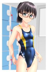 Rule 34 | 1girl, absurdres, black-framed eyewear, black hair, blue one-piece swimsuit, blurry, blurry background, blush, breasts, clothes writing, collarbone, commentary request, competition swimsuit, covered navel, cowboy shot, female pubic hair, glasses, green eyes, highleg, highleg swimsuit, highres, indoors, locker, locker room, multicolored clothes, multicolored swimsuit, nose blush, one-piece swimsuit, original, pubic hair, pubic hair peek, short hair, small breasts, solo, standing, swimsuit, takafumi, window