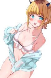 Rule 34 | 1girl, absurdres, bare shoulders, bikini, blonde hair, blue eyes, blue jacket, blush, breasts, collarbone, commentary request, demon horns, dutch angle, folia leaf, frilled bikini, frills, halterneck, highres, horns, jacket, long sleeves, looking at viewer, medium breasts, mem-cho, multicolored hair, navel, open mouth, oshi no ko, roots (hair), shadow, short hair, sidelocks, simple background, solo, stomach, sweatdrop, swimsuit, variant set, white background, white bikini