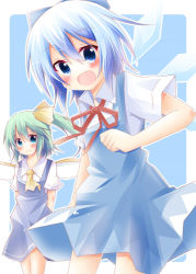 Rule 34 | 2girls, arms behind back, ascot, blue dress, blue eyes, blue hair, blush, bow, cirno, daiyousei, dress, fairy wings, green hair, hair bow, hair ribbon, hakobako, ice, ice wings, looking at viewer, multiple girls, open mouth, ribbon, short sleeves, side ponytail, smile, touhou, wings