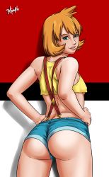 Rule 34 | 1990s (style), 1girl, absurdres, aged up, alternate hairstyle, ass, back, breasts, covered erect nipples, creatures (company), denim, denim shorts, from behind, game freak, green eyes, gym leader, hands on own hips, highres, hip focus, legs, lips, looking back, misty (pokemon), nintendo, no bra, orange hair, pokemon, pokemon gsc, pokemon rgby, ramiro de la cruz, retro artstyle, shirt, short hair, short shorts, shorts, sideboob, small breasts, smile, solo, suspenders, underboob