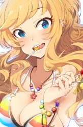 Rule 34 | 1girl, backlighting, bare shoulders, bead bracelet, beads, between fingers, bikini, blonde hair, blue eyes, blush, bracelet, breasts, candy, candy wrapper, cleavage, collarbone, djheycha, eyebrows, eyelashes, fingernails, flower, flower necklace, food, food in mouth, hand up, holding, idolmaster, idolmaster cinderella girls, idolmaster cinderella girls starlight stage, jewelry, lollipop, long hair, medium breasts, multicolored bikini, multicolored clothes, nail polish, necklace, o-ring, o-ring bikini, ohtsuki yui, open mouth, pink nails, solo, swept bangs, swimsuit, teeth, tongue, upper body