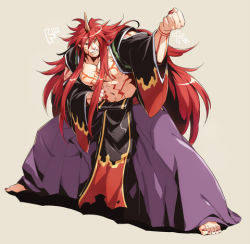 Rule 34 | fighting stance, japanese clothes, long hair, lowres, mygrimoire, red hair, satan (mygrimoire), tagme