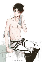 Rule 34 | 1boy, abs, belt, boots, breath, brown hair, collarbone, dated, eren yeager, green eyes, jewelry, key, male focus, navel, necklace, pants, shingeki no kyojin, short hair, simple background, sitting, solo, sweat, topless male, towel, white background