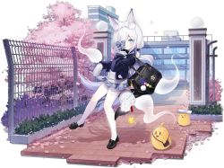 Rule 34 | 1girl, animal, animal ears, azur lane, bag, bandaged leg, bandages, bird, black footwear, black jacket, blazer, blue eyes, blush, bow, byulzzi, chick, fox ears, fox girl, fox tail, grey skirt, hair bow, hair over eyes, highres, jacket, kasumi (at school with foo) (azur lane), kasumi (azur lane), loafers, long hair, long sleeves, looking at viewer, manjuu (azur lane), official alternate costume, official art, open clothes, open jacket, open mouth, pantyhose, parted lips, petals, plaid, plaid skirt, pleated skirt, purple bow, school bag, school uniform, shoes, skirt, sleeves past fingers, sleeves past wrists, sweater, tail, transparent background, turn pale, very long hair, white hair, white pantyhose, white sweater