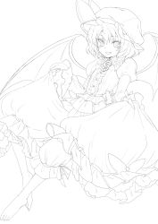 Rule 34 | 1girl, absurdres, barefoot, bloomers, chikado, curtsey, dress, flat chest, greyscale, hat, highres, lineart, looking at viewer, monochrome, remilia scarlet, short hair, smile, solo, touhou, transparent background, underwear, wings