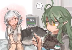 Rule 34 | 2girls, ?, @ @, ahoge, antenna hair, arknights, black vest, blush, buchi0122, cardiogram, commentary, crocodilian tail, d-pad, d-pad hair ornament, dress, full-face blush, gavial (arknights), green hair, hair ornament, heart, highres, holding, holding pen, hospital gown, id card, long hair, looking at another, looking away, looking down, multiple girls, open mouth, pen, pointy ears, sitting, spoken question mark, sweat, tail, tomimi (arknights), vest, white dress, white hair, yellow eyes, yuri