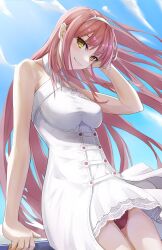Rule 34 | 1girl, bare shoulders, blue sky, blush, breasts, closed mouth, dress, fate/grand order, fate (series), hairband, highres, kugiseiichi, long hair, looking at viewer, medb (fate), medb (lostroom outfit) (fate), medium breasts, panties, pink hair, pink panties, sky, smile, solo, underwear, white dress, yellow eyes