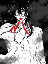Rule 34 | 1boy, abs, alucard (hellsing), bad id, bad pixiv id, black hair, cross, cross necklace, greyscale, hair between eyes, hellsing, jewelry, kurobe sclock, long hair, male focus, monochrome, mouth hold, necklace, open clothes, open shirt, ribbon, shirt, solo, vampire