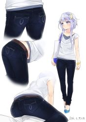 Rule 34 | 10s, 1girl, 2016, ama mitsuki, arms at sides, ass, bag, belt, bent over, blue footwear, blue pants, blush, bracelet, character sheet, collarbone, crescent, crescent hair ornament, dated, denim, female focus, full body, hair ornament, jeans, jewelry, kantai collection, light purple hair, looking to the side, lower body, multiple views, over shoulder, pants, purple eyes, shirt, shoes, shopping bag, short hair with long locks, short sleeves, sidelocks, simple background, sitting, straddling, walking, wariza, white background, white shirt, yayoi (kancolle)