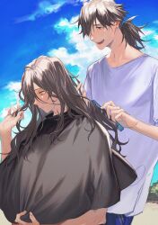 Rule 34 | 2boys, blue sky, brown eyes, brushing another&#039;s hair, brushing hair, collarbone, fate/grand order, fate (series), highres, long hair, male focus, messy hair, multiple boys, okada izou (fate), open mouth, outdoors, parted lips, ponytail, sakamoto ryouma (fate), shirt, signature, sky, smock, sparse stubble, white shirt, yaoi, yellow eyes, ziege113