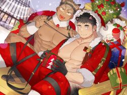 Rule 34 | 2boys, abs, alternate costume, alternate skin color, animal ears, antlers, bara, bare pectorals, bear boy, bear boy (gondom), bear tail, blush, body fur, box, christmas, dark-skinned male, dark skin, dog boy, dog ears, facial hair, fake antlers, gift, gift box, gondom, hat, heart, heart in mouth, highres, holding, holding gift, hood, hood up, horns, huge eyebrows, huge pectorals, jacket, kim yoon (gondom), large pectorals, light brown hair, long sideburns, looking at viewer, male focus, multiple boys, muscular, muscular male, nipples, object on bulge, open clothes, open jacket, original, paid reward available, pectorals, red headwear, reindeer antlers, santa costume, santa hat, short hair, sideburns, sideburns stubble, sitting, snowing, stubble, tail, thick eyebrows, yaoi