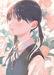 Rule 34 | 1girl, black hair, blush, brown eyes, camellia, collared shirt, flower, highres, looking to the side, medium hair, nakamura hinata, neck ribbon, original, parted lips, ribbon, school uniform, shirt, solo, twintails, upper body, vest