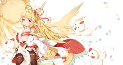 Rule 34 | 1girl, absurdres, animal ears, anno, bandeau, beads, bird, black thighhighs, blonde hair, brown eyes, chicken, feathers, flat chest, granblue fantasy, hair beads, hair ornament, harvin, highres, long hair, mahira (granblue fantasy), open mouth, pelvic curtain, ponytail, red bandeau, ribbon, sleeves past wrists, thighhighs, very long hair