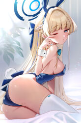 Rule 34 | 1girl, 8n0 g, ;o, animal ears, ass, blonde hair, blue archive, blue eyes, blue hairband, blue halo, blue leotard, bow, bowtie, breasts, detached collar, fake animal ears, from behind, from side, hair bow, hairband, halo, hand up, highres, leotard, medium breasts, multicolored hair, one eye closed, parted lips, playboy bunny, rabbit ears, rabbit tail, skindentation, solo, streaked hair, tail, thighhighs, toki (blue archive), toki (bunny) (blue archive), white thighhighs, wrist cuffs