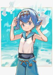 Rule 34 | 1girl, absurdres, adjusting hair, arms up, black one-piece swimsuit, blue background, blue hair, blue pants, blue sailor collar, blush, bob cut, border, bubble, closed mouth, cowboy shot, creatures (company), driftingtiger, female focus, flat chest, game freak, grey border, hairband, happy, highres, lana (pokemon), light blush, looking at viewer, matching hair/eyes, nintendo, one-piece swimsuit, outside border, pants, pokemon, pokemon sm, sailor collar, shirt, short hair, sidelocks, sleeveless, sleeveless shirt, smile, solo, standing, swimsuit, swimsuit under clothes, white shirt, yellow hairband