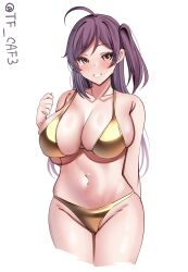 Rule 34 | 1girl, ahoge, bikini, blush, breasts, collarbone, gold bikini, hagikaze (kancolle), highres, kantai collection, large breasts, long hair, looking at viewer, navel, one side up, purple hair, shiny swimsuit, simple background, smile, solo, swimsuit, tf cafe, twitter username, white background, yellow eyes