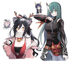 Rule 34 | 4girls, :d, animal ear fluff, animal ears, antlers, arknights, bare shoulders, bell, belt, black gloves, black hair, black shirt, blue hair, blush, breasts, cat ears, ceylon (arknights), ch&#039;en (arknights), chibi, chibi inset, cleavage, cropped torso, ear piercing, fingerless gloves, gloves, green hair, hair between eyes, highres, horns, hoshiguma (arknights), hoshiguma (ronin huntress) (arknights), itsumi (itumiyuo), jacket, large breasts, long sleeves, looking at viewer, mask, multiple girls, off shoulder, official alternate costume, oni mask, open clothes, open jacket, open mouth, parted bangs, piercing, pink hair, pink jacket, ponytail, red eyes, scarf, schwarz (arknights), schwarz (presents) (arknights), shirt, simple background, single horn, skin-covered horns, sleeves past wrists, smile, underbust, upper body, white background, white headwear, white scarf, yellow eyes