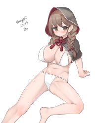Rule 34 | 1girl, absurdres, bikini, braid, breasts, brown eyes, brown hair, capelet, cleavage, dated, feet out of frame, grey hood, highres, hood, hood up, hooded capelet, kantai collection, large breasts, long hair, maru (marg0613), navel, one-hour drawing challenge, shinshuu maru (kancolle), simple background, sitting, solo, swimsuit, twin braids, twitter username, white background, white bikini