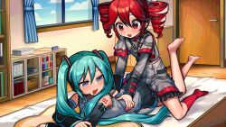 2girls barefoot bedroom belt black_belt black_skirt black_sleeve_cuffs blue_eyes bookshelf bow box cd_player chest_of_drawers cloud curtains day door double-parted_bangs drill_hair fingernails grey_jacket grey_shirt grey_skirt hair_between_eyes hair_bow hands_on_another&#039;s_back hatsune_miku headphones highres indoors jacket kakosa_sama kasane_teto kasane_teto_(sv) kneehighs layered_sleeves leg_up long_hair long_sleeves lying microphone midriff_peek multiple_girls no_shoes number_tattoo on_back red_hair red_nails red_skirt red_socks red_tattoo red_trim shirt shoulder_belt shoulder_boards shoulder_tattoo sitting sitting_on_person skirt sky sleeve_cuffs socks striped_clothes striped_jacket striped_skirt synthesizer_v tattoo twin_drills twintails utau very_long_hair vocaloid white_bow window yuri