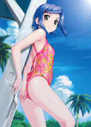 Rule 34 | 00s, 1girl, absurdres, blue hair, breasts, game cg, green eyes, hair ornament, hairclip, happoubi jin, highres, koromogae maya, one-piece swimsuit, outdoors, resort boin, short hair, small breasts, solo, swimsuit