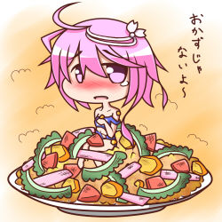 Rule 34 | 10s, 1girl, ahoge, bitter melon, blush, chibi, feiton, food, hair ornament, i-58 (kancolle), in food, kantai collection, looking at viewer, name connection, nyotaimori, object namesake, pun, purple eyes, purple hair, school swimsuit, short hair, solo, swimsuit, torn clothes, torn swimsuit, translation request