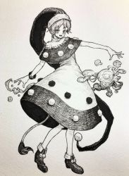 Rule 34 | 1girl, absurdres, capelet, doremy sweet, dress, full body, greyscale, hat, highres, looking at viewer, mashimashi, monochrome, nightcap, open mouth, pom pom (clothes), shoes, short hair, standing, tail, tapir tail, touhou, traditional media