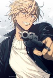 Rule 34 | 1boy, aiming, aiming at viewer, amuro tooru, black jacket, blonde hair, commentary request, dark-skinned male, dark skin, floating hair, grey background, grin, gun, hair between eyes, handgun, holding, holding gun, holding weapon, jacket, looking at viewer, male focus, mashima shima, meitantei conan, open clothes, open jacket, smile, solo, sweater, twitter username, upper body, weapon, white sweater