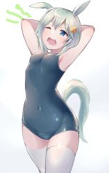 Rule 34 | 1girl, alternate costume, animal ears, armpits, arms up, blue eyes, blue one-piece swimsuit, breasts, commentary request, cowboy shot, ear covers, gluteal fold, grey hair, hair ornament, hairclip, highres, horse ears, horse girl, horse tail, looking at viewer, one-piece swimsuit, one eye closed, open mouth, saikuu, seiun sky (umamusume), short hair, simple background, single ear cover, small breasts, smile, solo, stretching, swimsuit, tail, thighhighs, umamusume, white background, white thighhighs