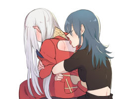 2girls, back, back cutout, bangs, black clothes, black shirt, blue hair, blush, breasts, byleth (fire emblem), byleth (fire emblem) (female), clothing cutout, collar, commentary request, crossed arms, dress, ear blush, edelgard von hresvelg, embarrassed, eyebrows visible through hair, eyes closed, fire emblem, fire emblem: three houses, from behind, hair between eyes, hug, hug from behind, licking, licking back, long hair, long sleeves, multiple girls, nintendo, pantyhose, puffy long sleeves, puffy sleeves, red dress, riromomo, shirt, short sleeves, sidelocks, simple background, tongue, tongue out, turtleneck, white background, white hair, yuri