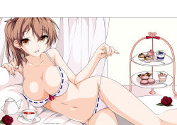 Rule 34 | 10s, 1girl, absurdres, artist name, bow, bow bra, bra, breasts, brown eyes, brown hair, checkerboard cookie, chocolate, cleavage, collarbone, cookie, cowboy shot, cup, cupcake, curtains, derivative work, flat color, flower, food, highres, holding, indoors, kaga (kancolle), kantai collection, large breasts, long hair, looking at viewer, lying, macaron, navel, on bed, on side, open mouth, panties, pillow, red flower, red rose, ribbon-trimmed bra, ribbon-trimmed panties, ribbon trim, rose, saucer, side-tie panties, side ponytail, solo, spoon, sweets, tea, teacup, teapot, tiered tray, tray, underwear, underwear only, untied panties, verdy, white bra, white panties