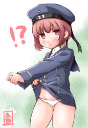 Rule 34 | !?, 10s, 1girl, blush, clothes lift, clothes writing, gradient background, hat, highres, kanon (kurogane knights), kantai collection, long sleeves, panties, red hair, sailor collar, sailor hat, shirt lift, short hair, solo, sweatdrop, underwear, white panties, z3 max schultz (kancolle)