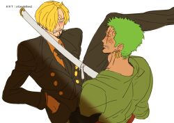 Rule 34 | 2boys, absurdres, anger vein, blonde hair, cigarette, cum, earrings, facial, formal, green hair, green kimono, highres, holding, holding sword, holding weapon, jacket, japanese clothes, jewelry, kimono, looking at another, male focus, mouth hold, multiple boys, one leg raised, one piece, pants, rita ya, roronoa zoro, sanji (one piece), short hair, suit, sword, weapon