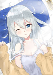 Rule 34 | 1girl, absurdres, ahoge, bed sheet, blue eyes, breasts, cardigan, cleavage, clothes down, collarbone, drooling, evening rabbit, from above, grey shirt, hibiki (kancolle), highres, kantai collection, long hair, looking at viewer, lying, off shoulder, on back, one eye closed, open cardigan, open clothes, orange cardigan, pillow, shirt, silver hair, sleeping, sleeveless, sleeveless shirt, small breasts, solo, tears, very long hair