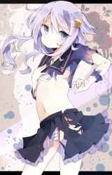 Rule 34 | 10s, 1girl, blue eyes, crescent, crescent hair ornament, flat chest, flower, hair ornament, hand on own chest, kantai collection, looking at viewer, navel, panties, polka dot, polka dot background, purple hair, sanasanayukikuni, school uniform, serafuku, short hair, short hair with long locks, simple background, skirt, solo, striped clothes, striped panties, torn clothes, underwear, yayoi (kancolle)