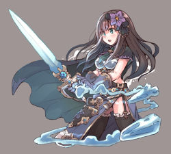 Rule 34 | 1girl, aqua eyes, armor, black thighhighs, breastplate, brown hair, cape, cropped legs, es (eisis), flower, frilled thighhighs, frills, garter straps, gloves, granblue fantasy, green cape, grey background, hair flower, hair ornament, highres, holding, holding sword, holding weapon, ice, idolmaster, idolmaster cinderella girls, long hair, open mouth, purple flower, shibuya rin, simple background, solo, sword, thighhighs, weapon