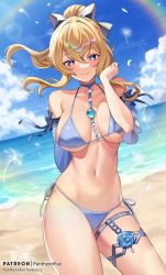 Rule 34 | 1girl, bare shoulders, beach, bikini, blonde hair, blue bikini, blue eyes, blue sky, blush, bow, breasts, breasts apart, brooch, cloud, dandelion, detached sleeves, falling petals, flower, genshin impact, hair bow, high-waist shorts, high ponytail, highres, jean (genshin impact), jean (sea breeze dandelion) (genshin impact), jewelry, large breasts, looking at viewer, outdoors, pantheon eve, petals, rainbow, sand, shore, shorts, sidelocks, sky, smile, solo, standing, swimsuit, thighlet, thighs, water