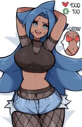 Rule 34 | 1girl, arms behind head, arms up, black pantyhose, blue eyes, blue hair, blue shorts, blush, breasts, denim, denim shorts, fishnet pantyhose, fishnets, highres, large breasts, long hair, looking at viewer, lying, meme, micro shorts, navel, on back, oninuer, open mouth, original, pantyhose, parted bangs, shark girl, sharp teeth, short sleeves, shorts, smile, solo, teeth, twitter strip game (meme), upper teeth only, weat