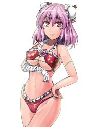 Rule 34 | 1girl, adapted costume, bandaged arm, bikini, breasts, bun cover, cleavage, closed mouth, commentary request, cowboy shot, double bun, flower, hair bun, hand on own hip, highres, ibaraki kasen, large breasts, looking at viewer, navel, pink eyes, pink hair, pink rose, red bikini, rose, smile, solo, stomach, swimsuit, touhou, underboob, white background, y2