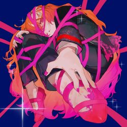 Rule 34 | 1girl, black jacket, black pants, blue background, bow, fetal position, foreshortening, gradient hair, grin, hair bow, hamelon310, head tilt, highres, ishmael (project moon), jacket, limbus company, looking at viewer, multicolored hair, orange hair, pants, pink eyes, pink footwear, pink hair, pink nails, pink shoes (project moon), project moon, shirt, simple background, smile, solo, white bow, white shirt