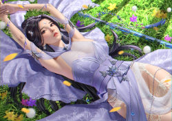 Rule 34 | 1girl, absurdres, armpits, arms up, black hair, blue dress, breasts, capelet, chinese clothes, dress, facial mark, forehead mark, from above, grass, hair bun, highres, kingpiao, large breasts, long hair, lu xueqi (zhu xian), lying, on back, solo, sword, thighhighs, underwear, upper body, weapon, zhu xian