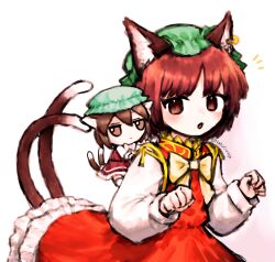Rule 34 | 1girl, :o, animal ear fluff, animal ear piercing, animal ears, bow, bowtie, brown eyes, brown hair, cat ears, cat tail, character doll, chen, clenched hands, commentary, dress, earrings, eyebrows hidden by hair, flat chest, fumo (doll), gold trim, green hat, hands up, hat, highres, jewelry, long sleeves, looking to the side, mob cap, multiple tails, natucurage, nekomata, notice lines, open mouth, paw pose, petite, petticoat, puffy long sleeves, puffy sleeves, red dress, short hair, simple background, single earring, solo, tail, touhou, twitter username, two tails, white background, white bow, white bowtie
