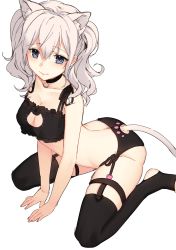 Rule 34 | 10s, 1girl, absurdres, animal ears, arm support, bare shoulders, black bra, black eyes, black panties, black thighhighs, bra, breasts, cat ear panties, cat ears, cat lingerie, cat tail, choker, cleavage, cleavage cutout, clothing cutout, highres, kantai collection, kashima (kancolle), leaning forward, lio (rumei2265874644), looking at viewer, meme attire, panties, silver hair, sitting, solo, tail, tail through clothes, thigh strap, thighhighs, underwear, wariza, wavy hair